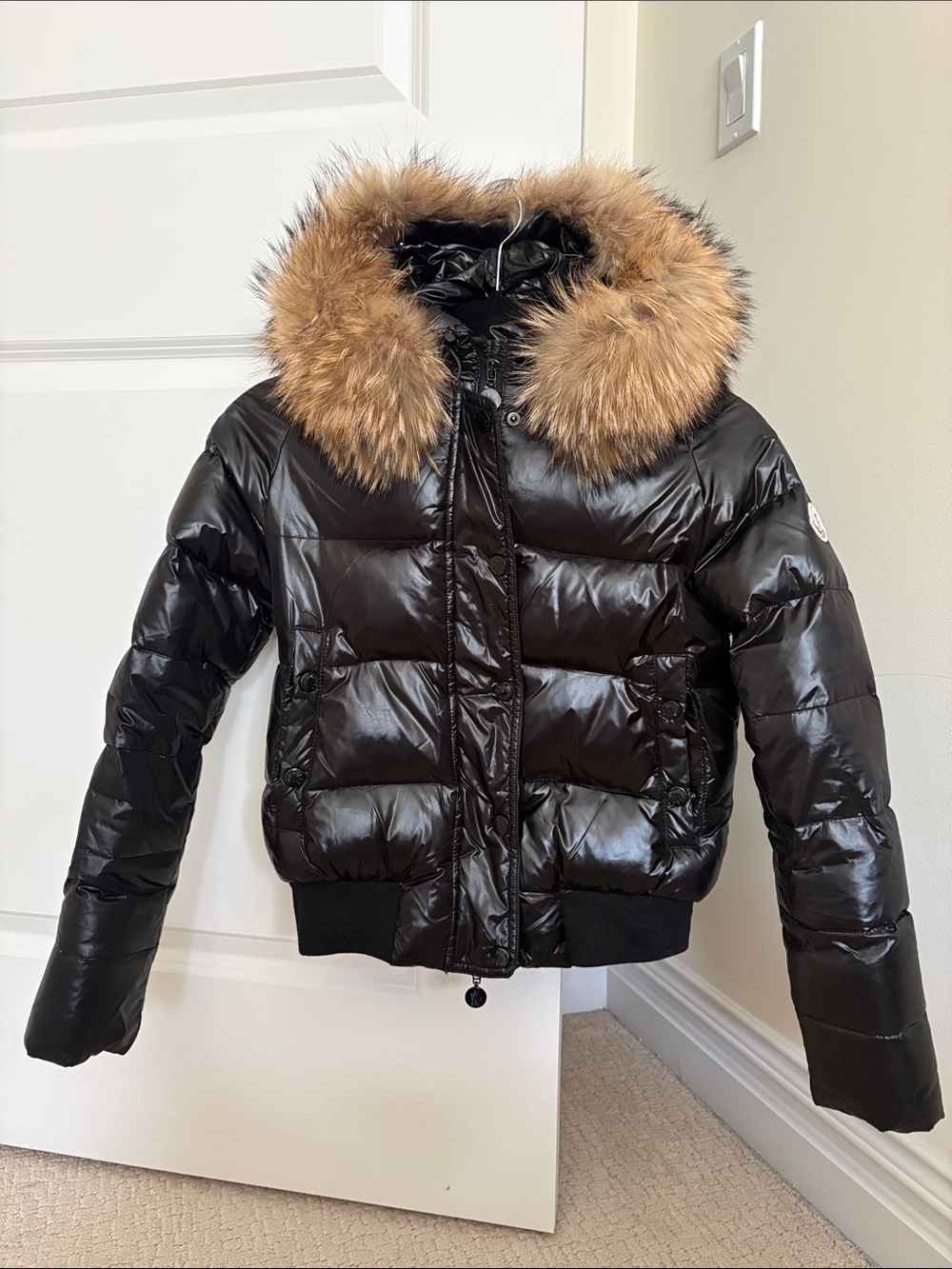 Moncler Black Glossy Puffer Jacket with Brown Fur Trim